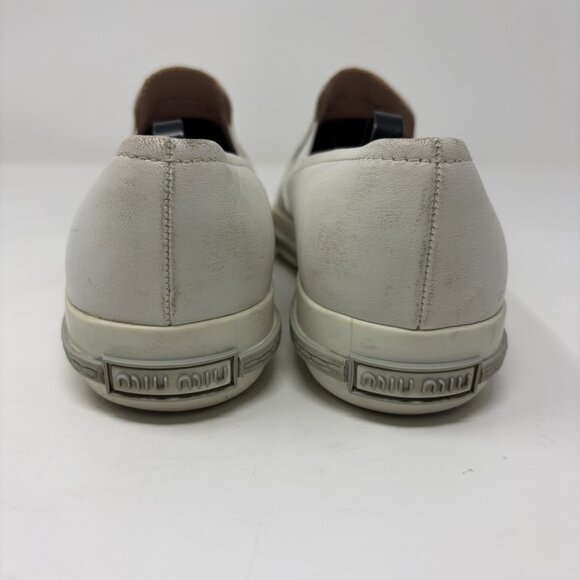 Miu Miu Metal Cap Toe Slip-On Sneakers Womens 38 1/2 - 8.5 US White Leather - Picture 6 of 13